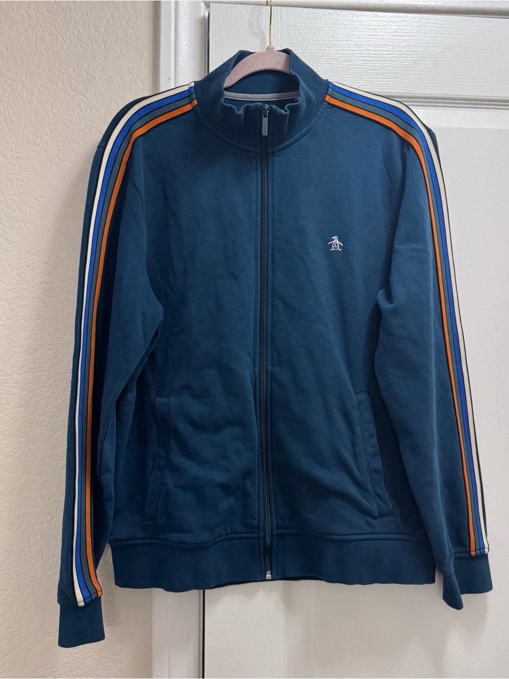 Original Penguin Men's Zip-Front Track Jacket with Striped Sleeves
